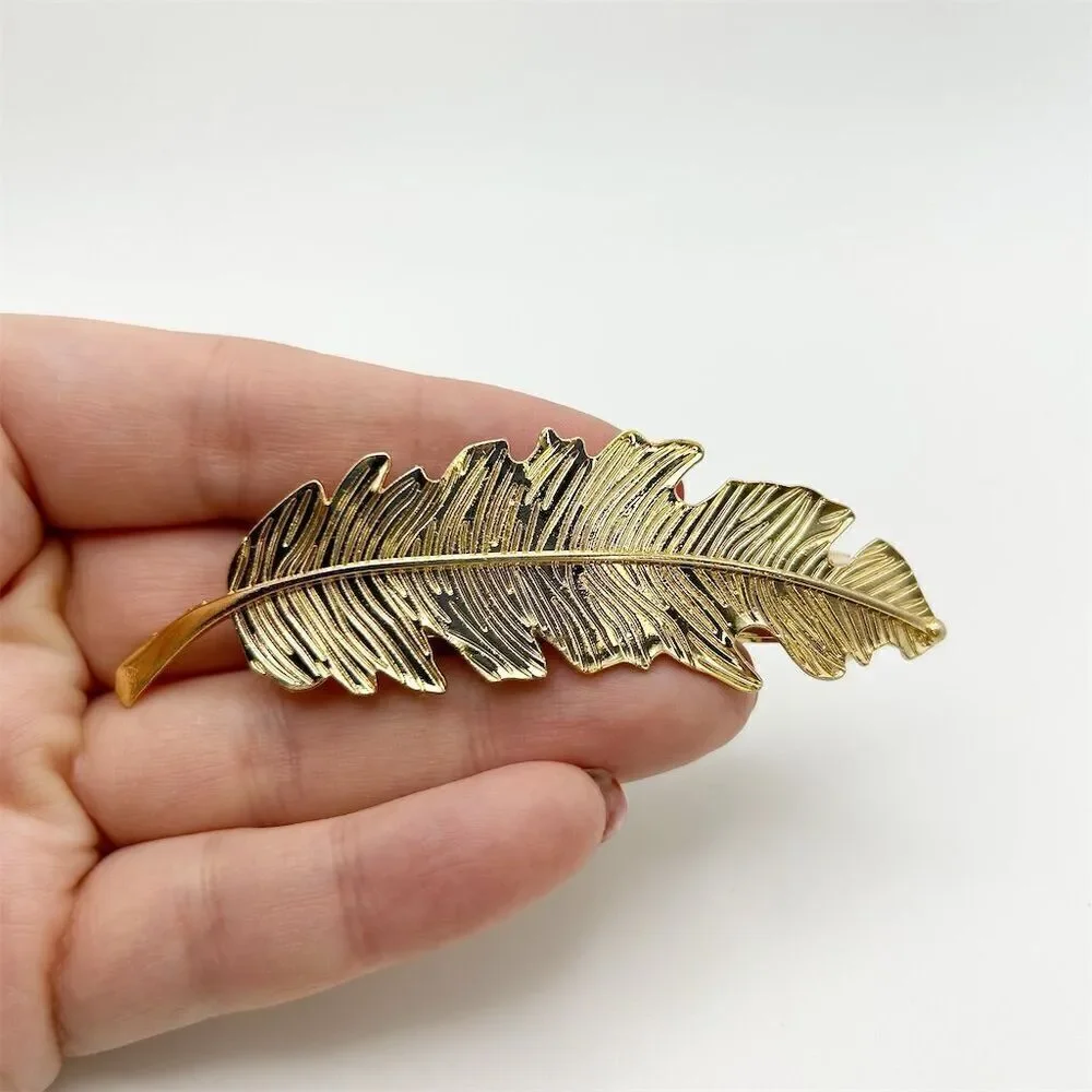 Gold Tone Leaf Feather Hair Barrette Clip Lightweight Classic Chic Boho Fall